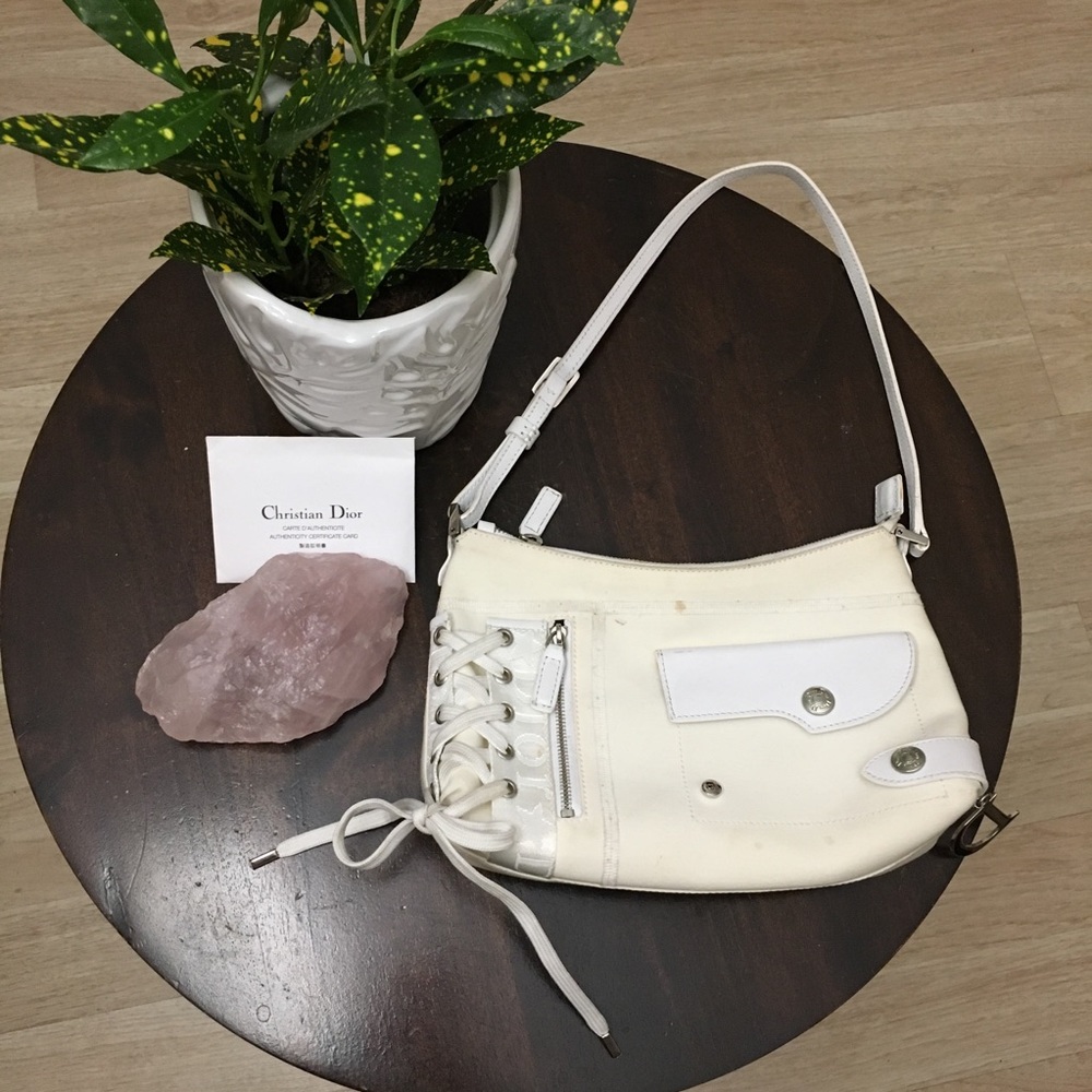 DIOR Lace Up Zipper White Canvas Purse